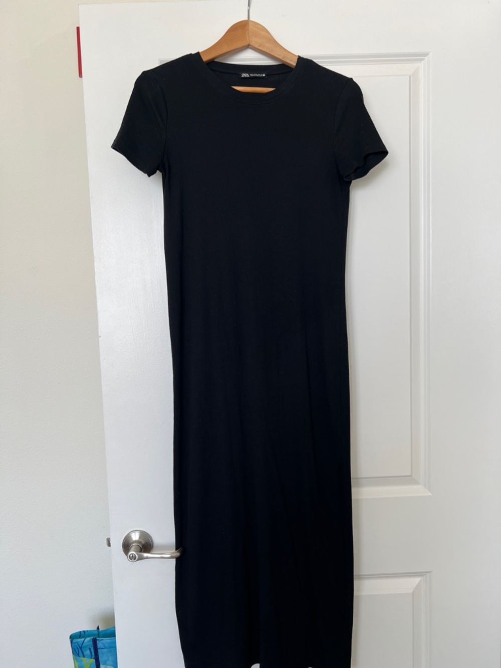 Zara Black Ribbed Cotton Short-Sleeve Maxi Crewneck Dress